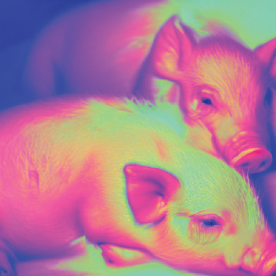 Two pigs laying down. 