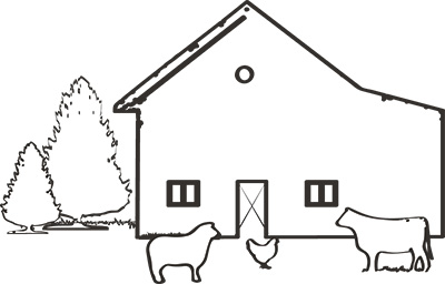 Outline drawing of a house with farm animals in front. 