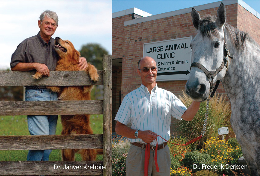 Dr. Krehbiel with a dog and Dr. Derksen with a horse. 