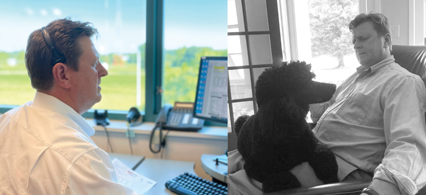 Dr. Petroff at his desk and with his dog